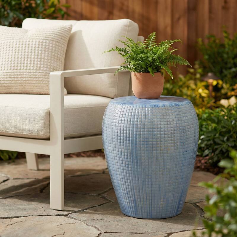 Garden Stool - Ceramic Glossy Drum Shape - Blue, 18"