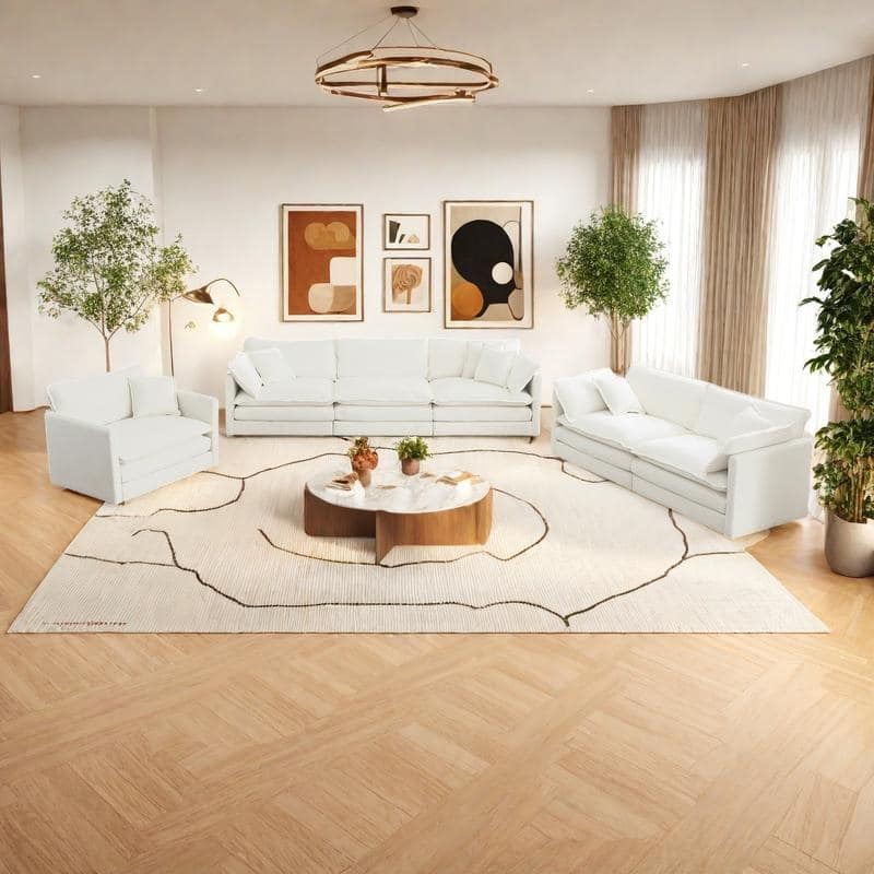 6-Seat Chenille Sectional Sofa Set (3-Seater + 2-Seater + Chair) with Extra Deep Seats & Solid Wood Frame