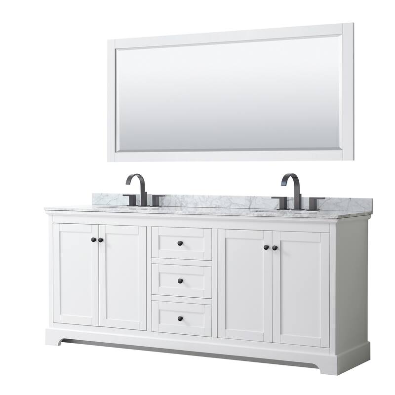Avery 80-inch Double Vanity, Marble Top, Oval Sinks, 70-inch Mirror - White, Black Trim, White Carrara Marble Top