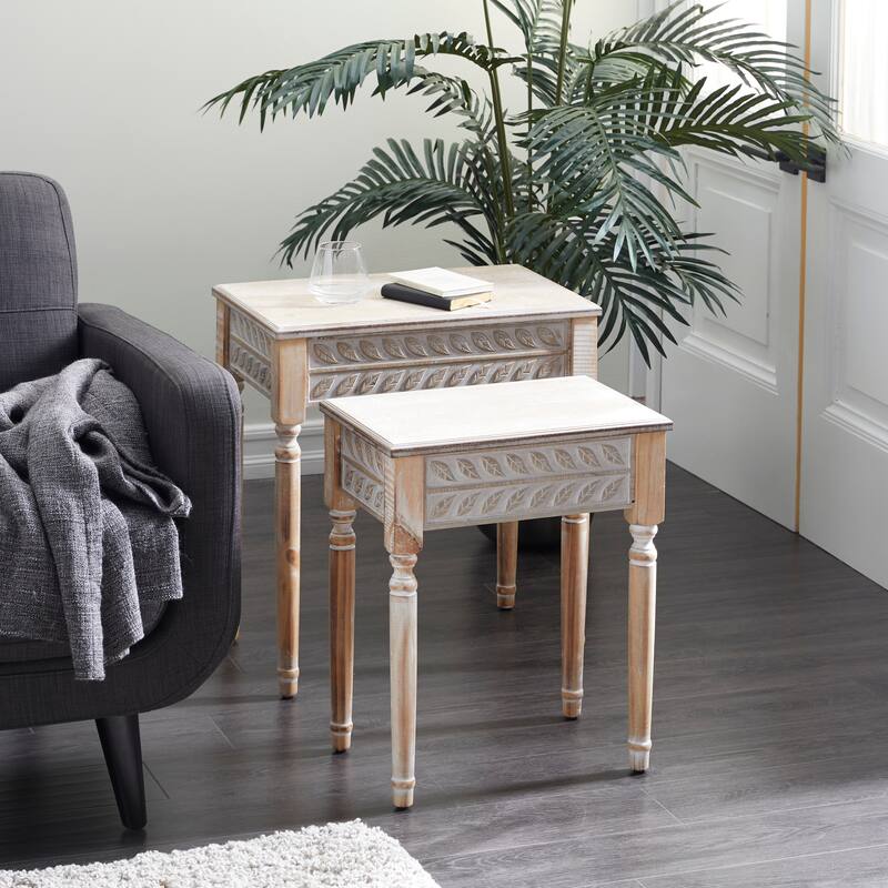 Wooden Leaf Intricately Carved Accent Table - Set of 2 Brown - Roche River Decor - 14"W x 22"L x 25"H