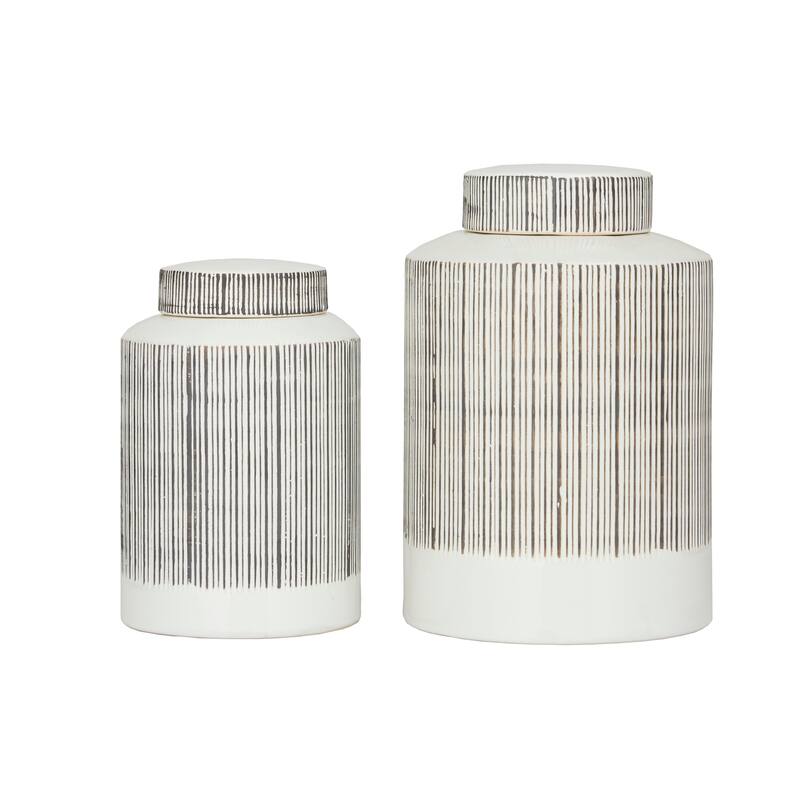 CosmoLiving by Cosmopolitan White Ceramic Striped Living Room Decorative Jars (Set of 2) - 8 x 8 x 13