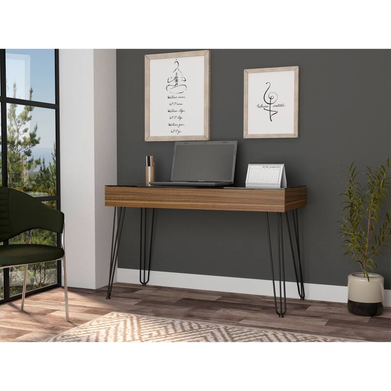 Modern Industrial Computer Desk with Glass Top, One Drawer, and Metal Legs for Stylish Home Office Setup - Brown