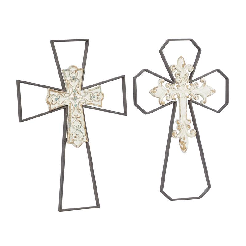 Metal Cross Carved Wood Wall Decor - Set of 2 Black - Roche River Decor