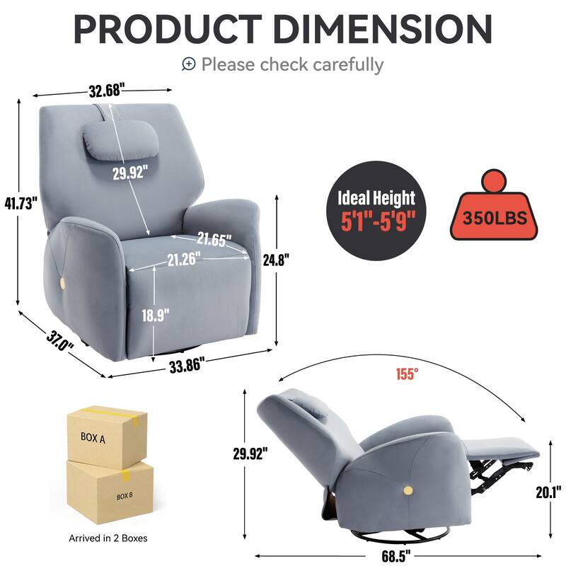 Ergonomic Power Recliner Chair Swivel Rocker Chair with USB, Type-C Charging Ports, Lumbar and Neck Support Pillow