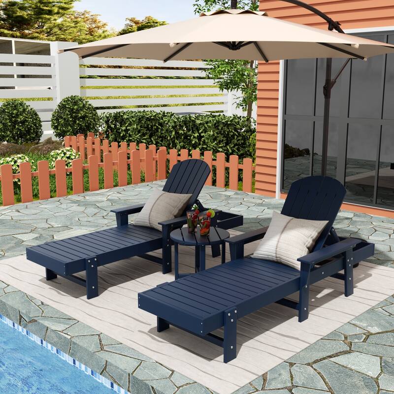 Polytrends Altura Poly Eco-Friendly All Weather Reclining Chaise Lounge with Arms & Side Table (3 Piece Set) - Navy Blue