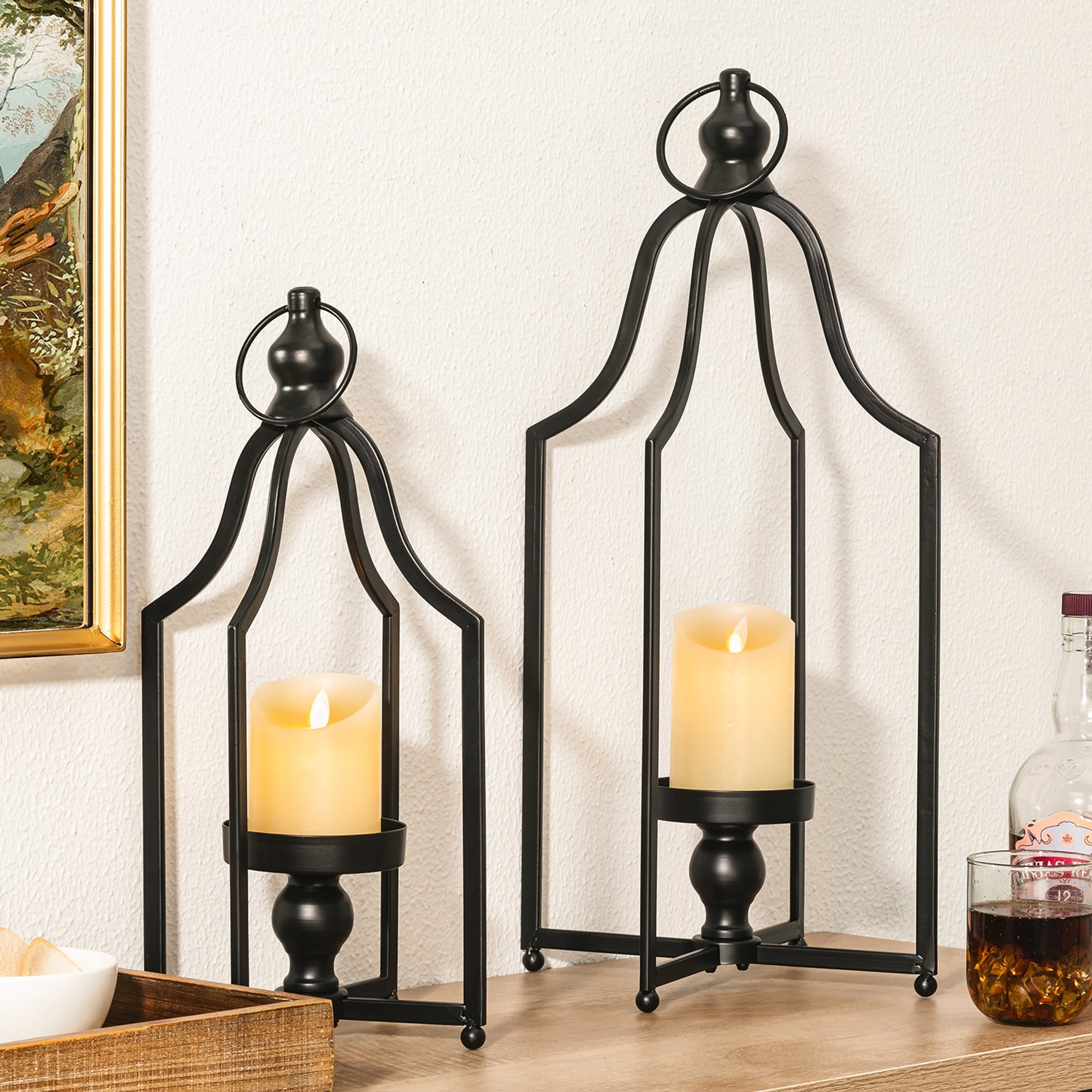 Glitzhome Modern Black Metal Foldable Lanterns Hanging Candle Holders (Set of 2)
