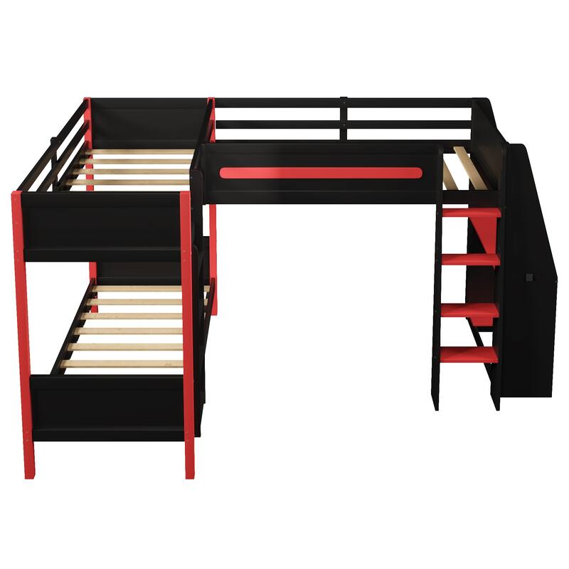 Gamer-Inspired Design L-Shaped Twin Over Twin Bunk Bed Teens Gaming Loft Bed with Desk, Shelves and LED Strip Lighting for Boys