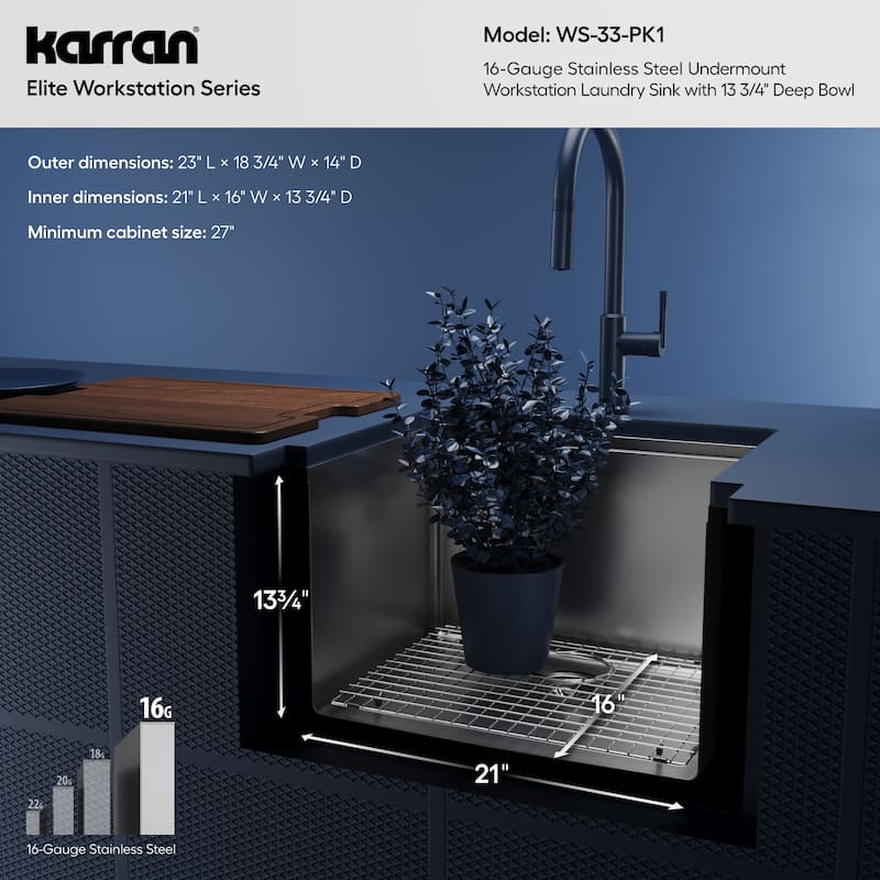 Karran Elite WS-33-PK1 Undermount 23" Single Bowl Stainless Steel Workstation Kitchen Sink with Deeper Bowl