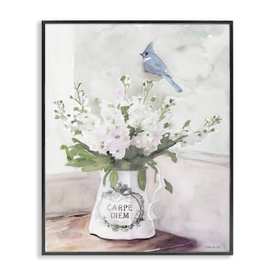 Stupell Blue Cardinal on Spring Bouquet Carpe Diem Watercolor Framed Wall Art - White