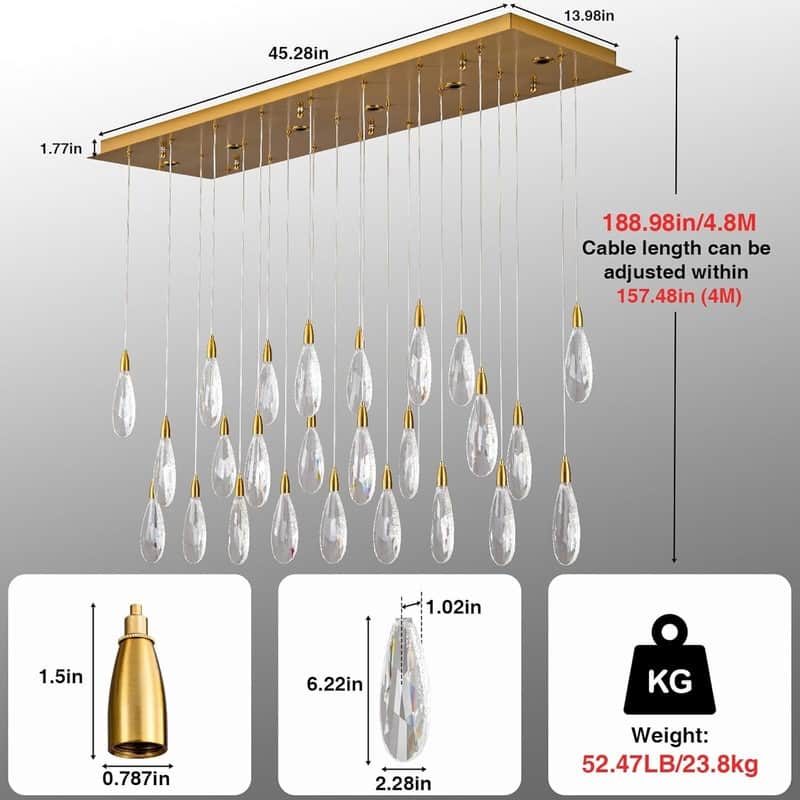 KAYLA 45in Long Crystal Chandelier 43-Lights Gold Large Spiral Staircase Chandeliers