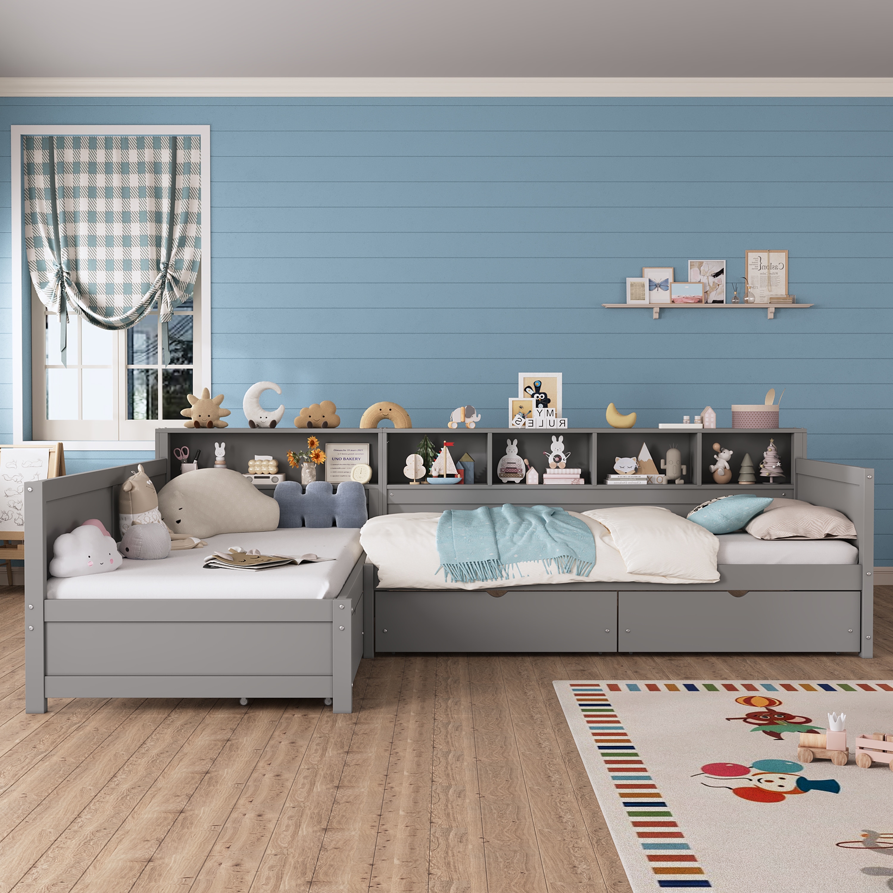 L-Shape Twin Size Day Bed With Three Storage Drawers And Bookshelf, Corner Bed Frame For Living Space