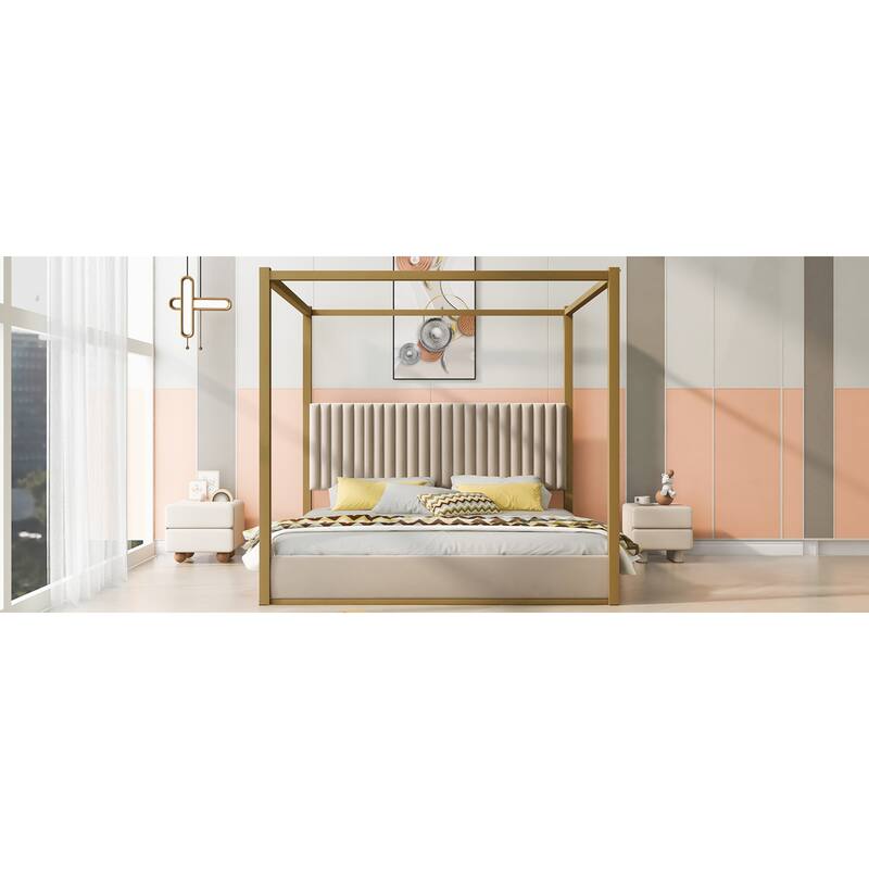 Roomfitters King Canopy Platform Bed with Velvet Upholstered Headboard, Metal Frame
