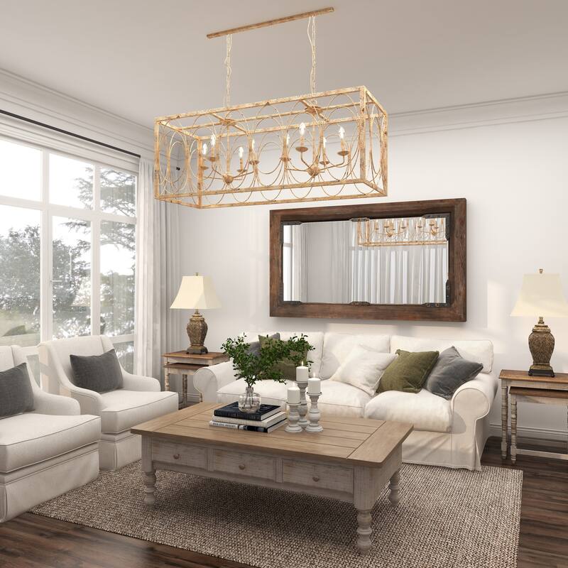 Metal Distressed Caged 8 Light Chandelier with Link Style Chain - Gold - Roche River Decor