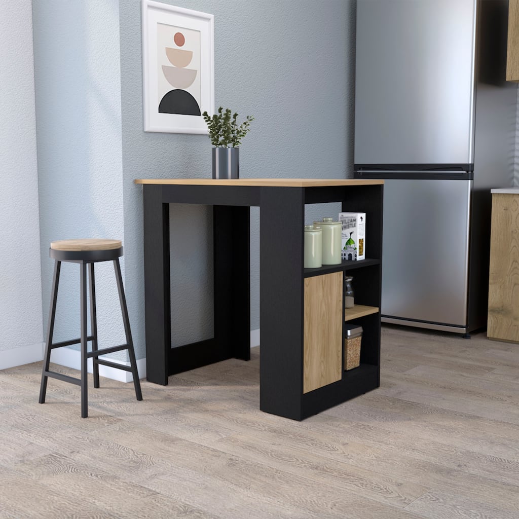 FM FURNITURE Arial Kitchen island in melamine with a door and open storage, black/natural oak