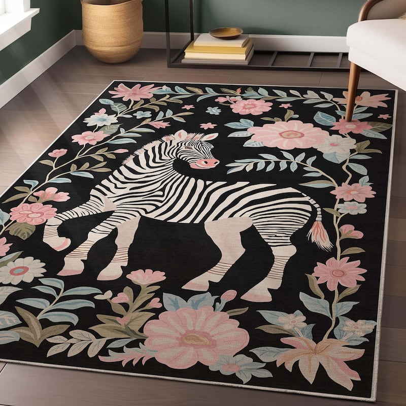 Well Woven Apollo Zebra Floral Animal Print Modern Flat Pile Area Rug