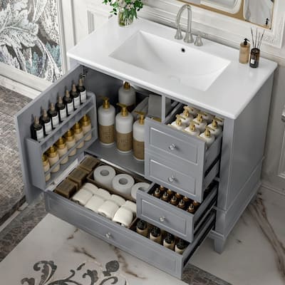 36" Bathroom Vanity with Ceramic Sink, MDF & Solid Wood Base, 3 Drawers and Cabinet with Shelves
