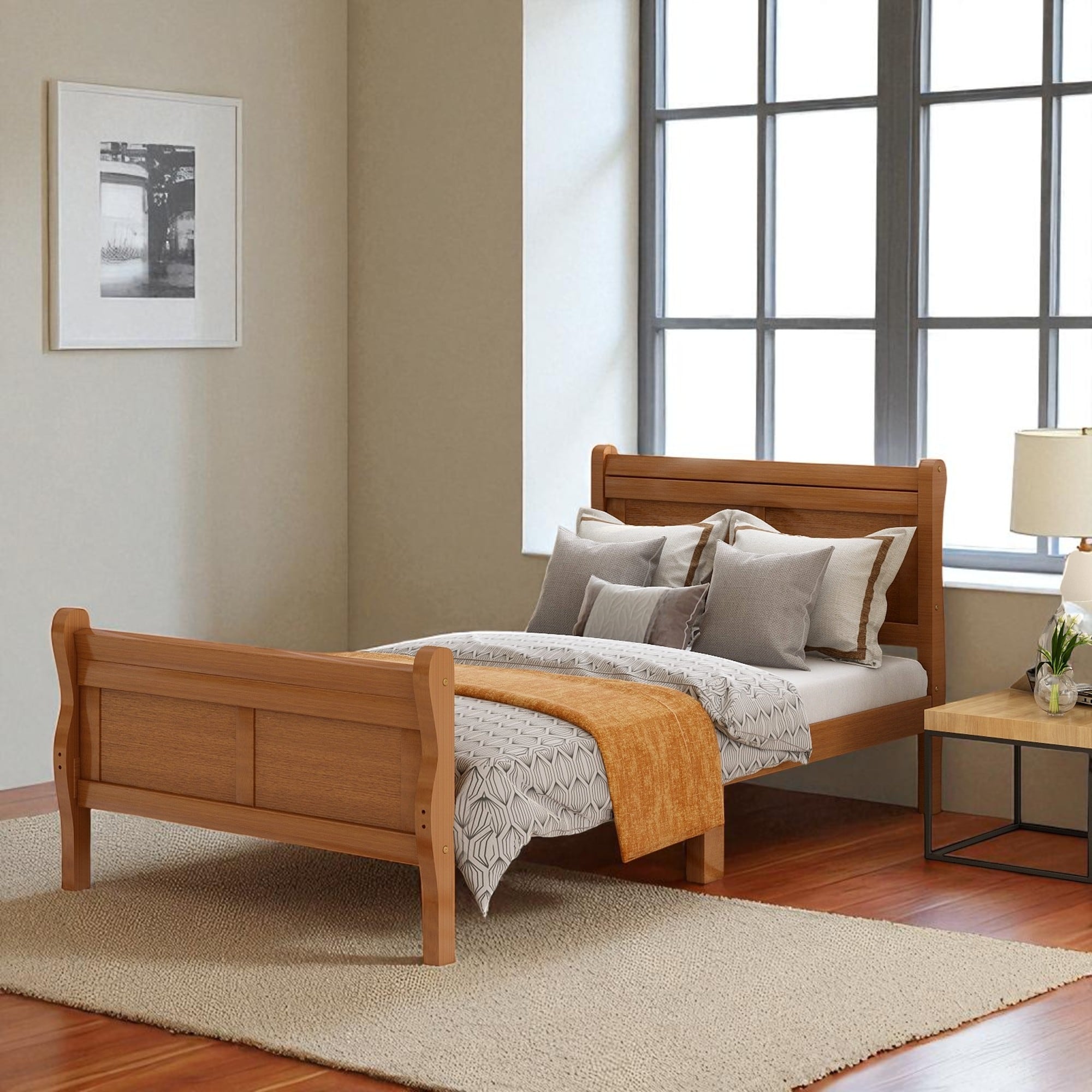 Twin Size Wood Platform Bed Frame with Hollow Headboard and Footboard, No Box Spring Needed