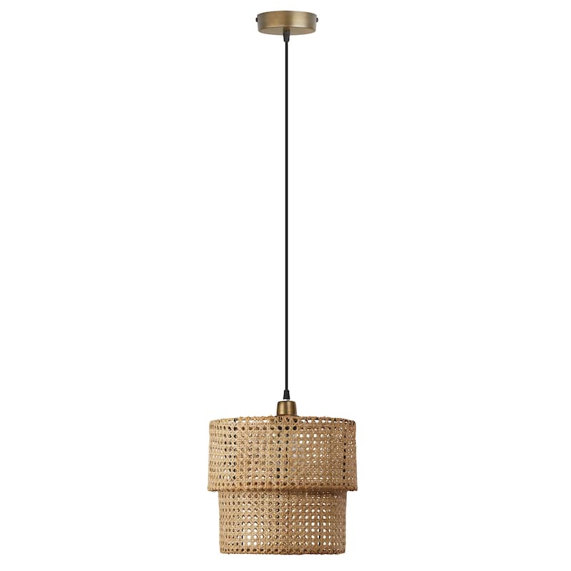 Kimika River of Goods Tan and Gold Rattan and Metal 12-Inch Pendant Light with Adjustable Hanging Cord - 12" x 12" x 15/80"