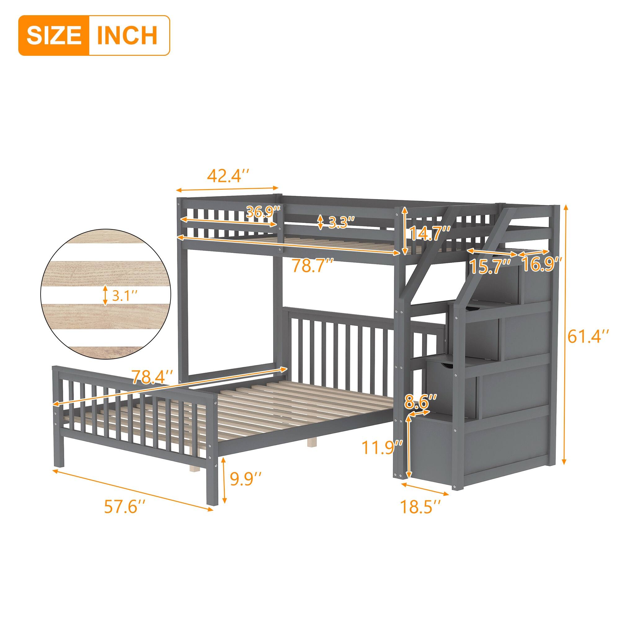 Twin over Full Loft Bed with Staircase & 3 Storage, Bunk Bed with