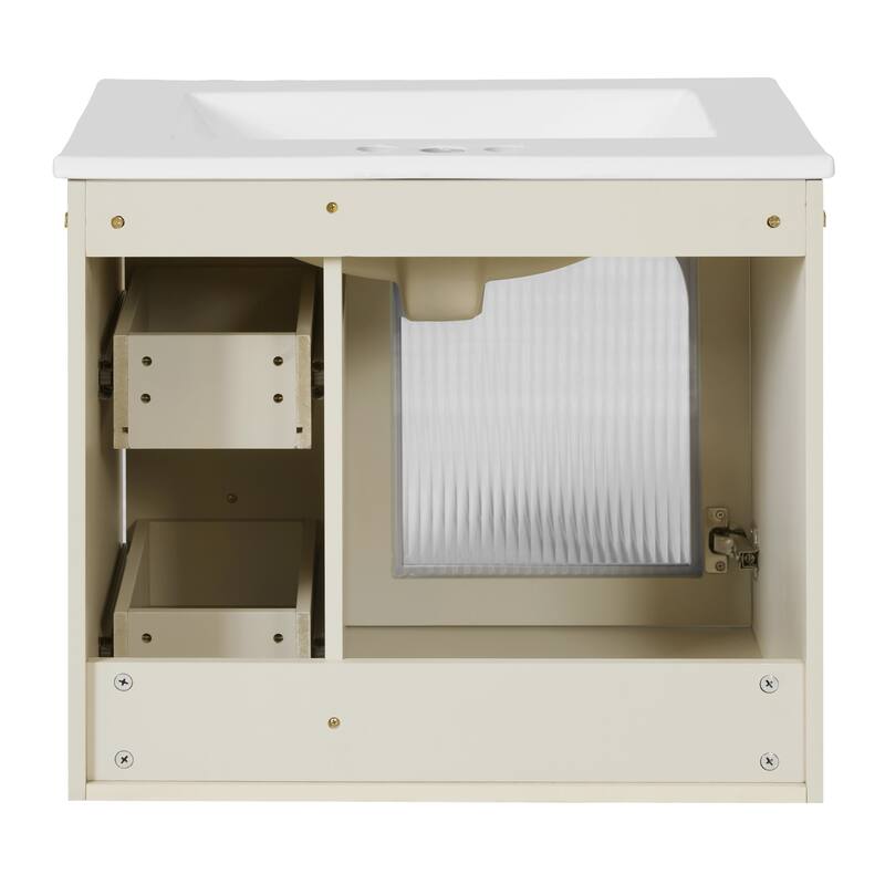24" Wall Mounted Bathroom Vanity with Ceramic Sink, Floating Bathroom Storage Cabinet with Drawers & Glass Door