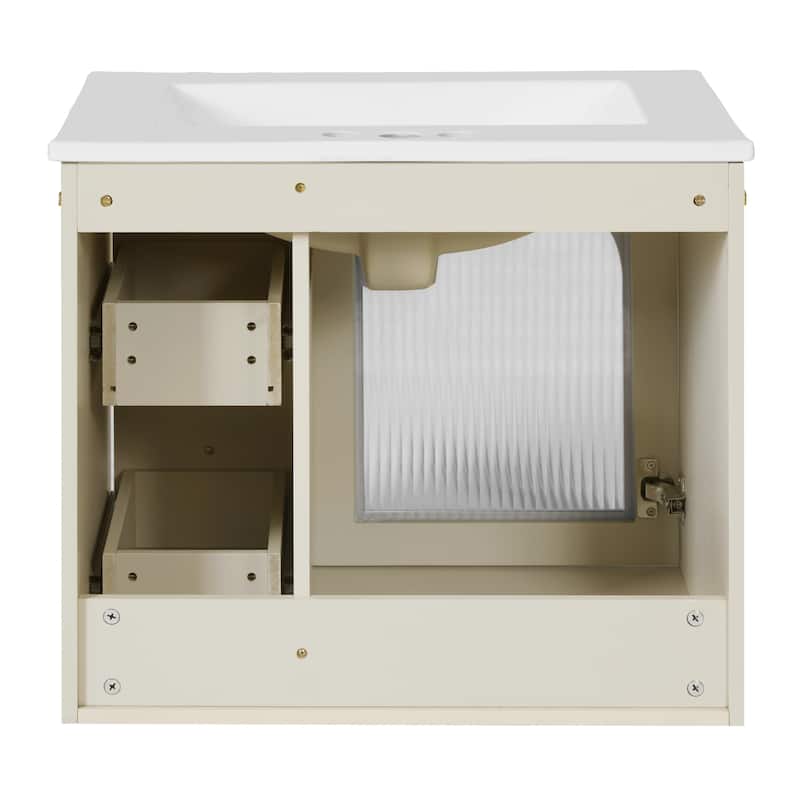 Floating Bathroom Vanity Wall Mounted Translucent Stripe Glass Doors Storage Cabinet with 2 Drawers and Gold Knobs