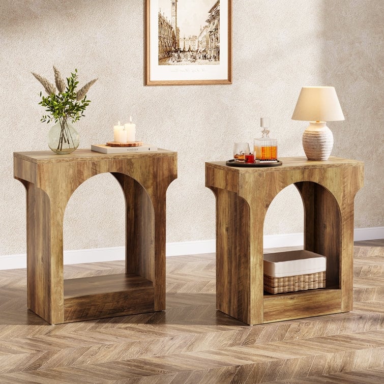 2 Tier Wood End Side Table with Innovative Arched Design