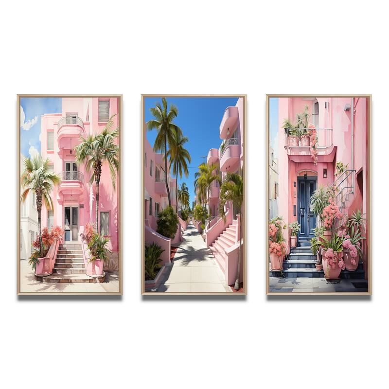 Designart "Pink Miami Artful Facades II" Floral Framed Wall Art Set Of 3 Frame Canvas Set For Living Room Decor