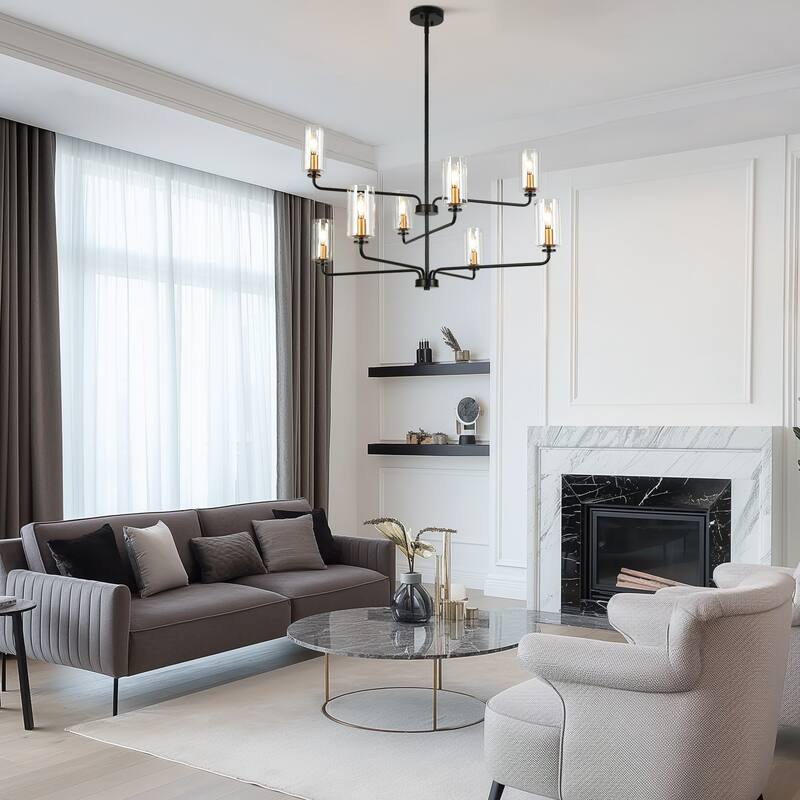 Modern 8-Light Black Gold Chandelier Clear Glass 3-Tier Cylinder Ceiling Lights for Dining Living Foyer - D 37" x H 21"