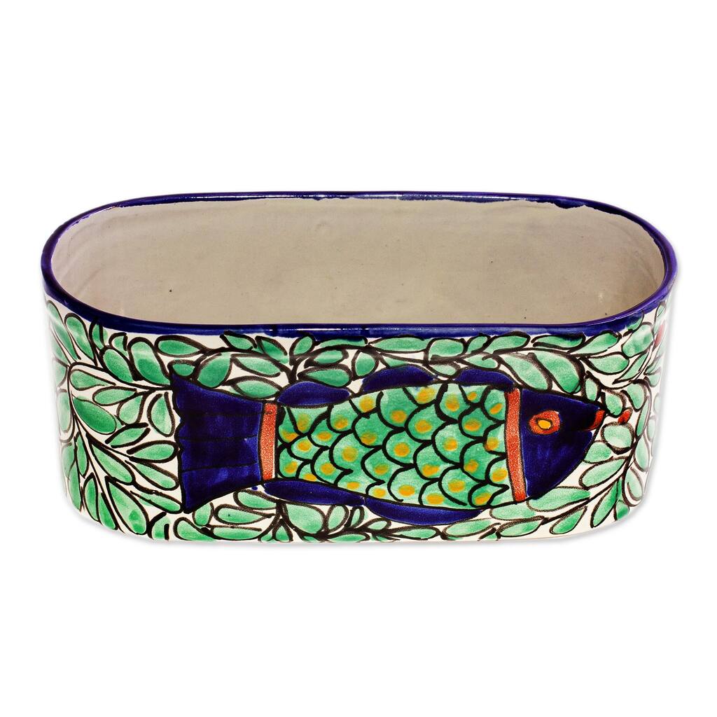 Novica Handmade Pescado Azul Talavera Ceramic Planter