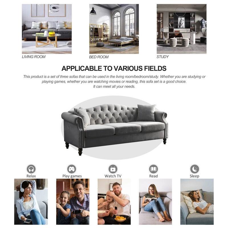 Chesterfield Sofa Velvet for Living Room, 3 Seater Sofa Tufted Couch with Rolled Arms and Nailhead, two pillows 