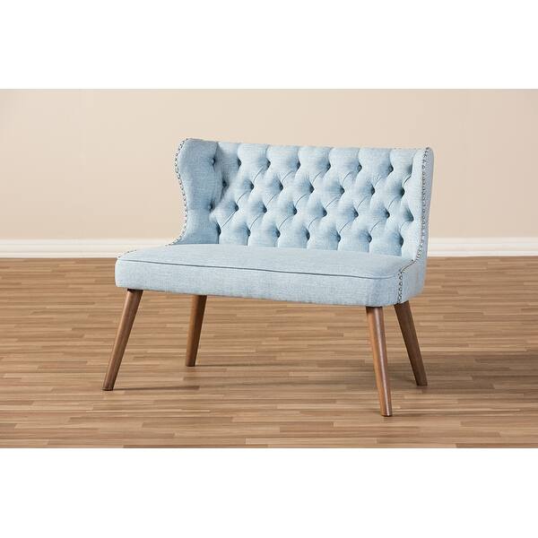 Baxton Studio Scarlett Mid-Century Modern Brown Wood and Dark Grey Fabric Upholstered Button-Tufting with Nail Heads Trim 2-Seater Loveseat Settee
