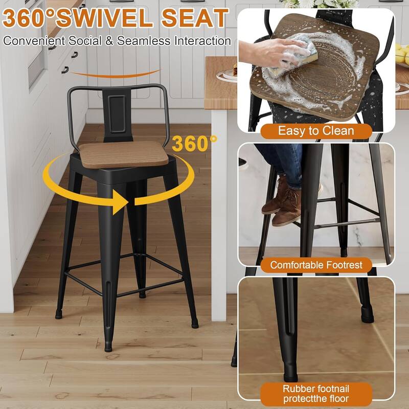 Swivel Counter Stools with Metal Frame Farmhouse Counter Chairs with low Back 24" Kitchen Bar Furniture Stools with Wooden Seat