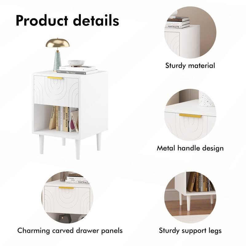 Modern White Nightstand with Spacious Drawer and Gold-Accented Handle for Elegant Bedroom Decor
