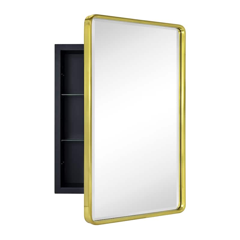 TEHOME Farmhouse Recessed Metal Bathroom Medicine Cabinets with Mirror - 24" x 16" - Brushed Gold