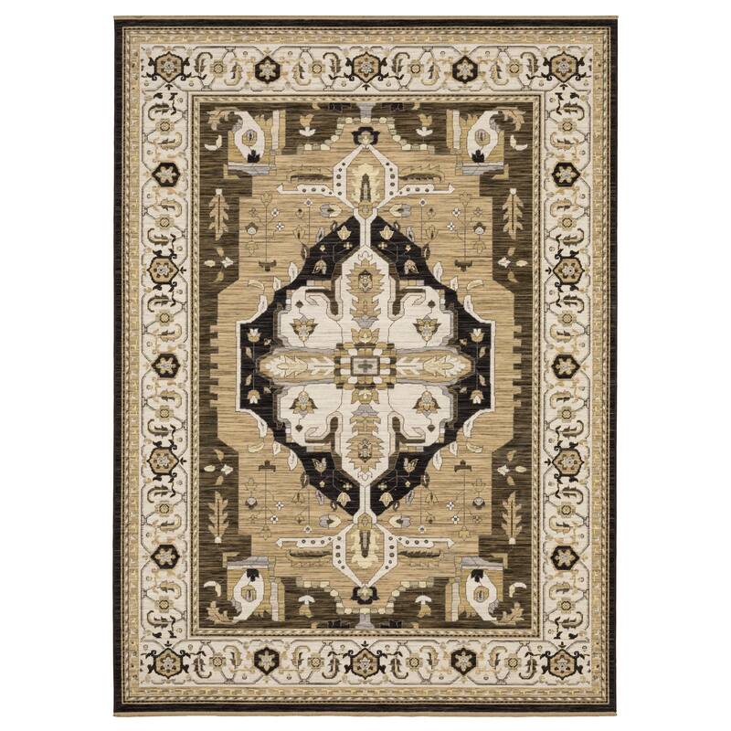 Adelaide Vintage Center Medallion Tan/ Black Wool Blend Area Rug- - 5'3" x 7'6"