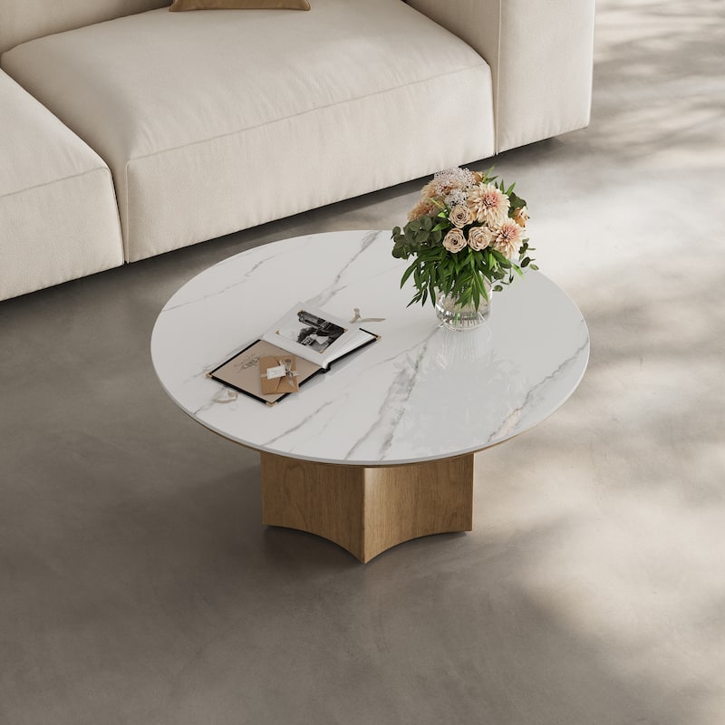Mid-century Modern Coffee Table,35.43" With White Sintered Stone Table Top, Solid Wood Legs