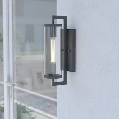 Morgan Park 1-Light Dusk to Dawn Modern Outdoor Wall Sconce with Clear Seeded Cylinder Glass Shade, Exterior Lantern