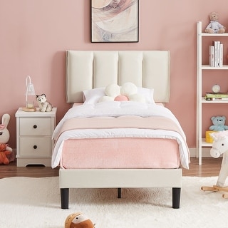 Javlergo Twin Size Kids Bed Frame with Adjustable Height Headboard Bed Frame with Heavy Duty Frame No Box Spring Needed