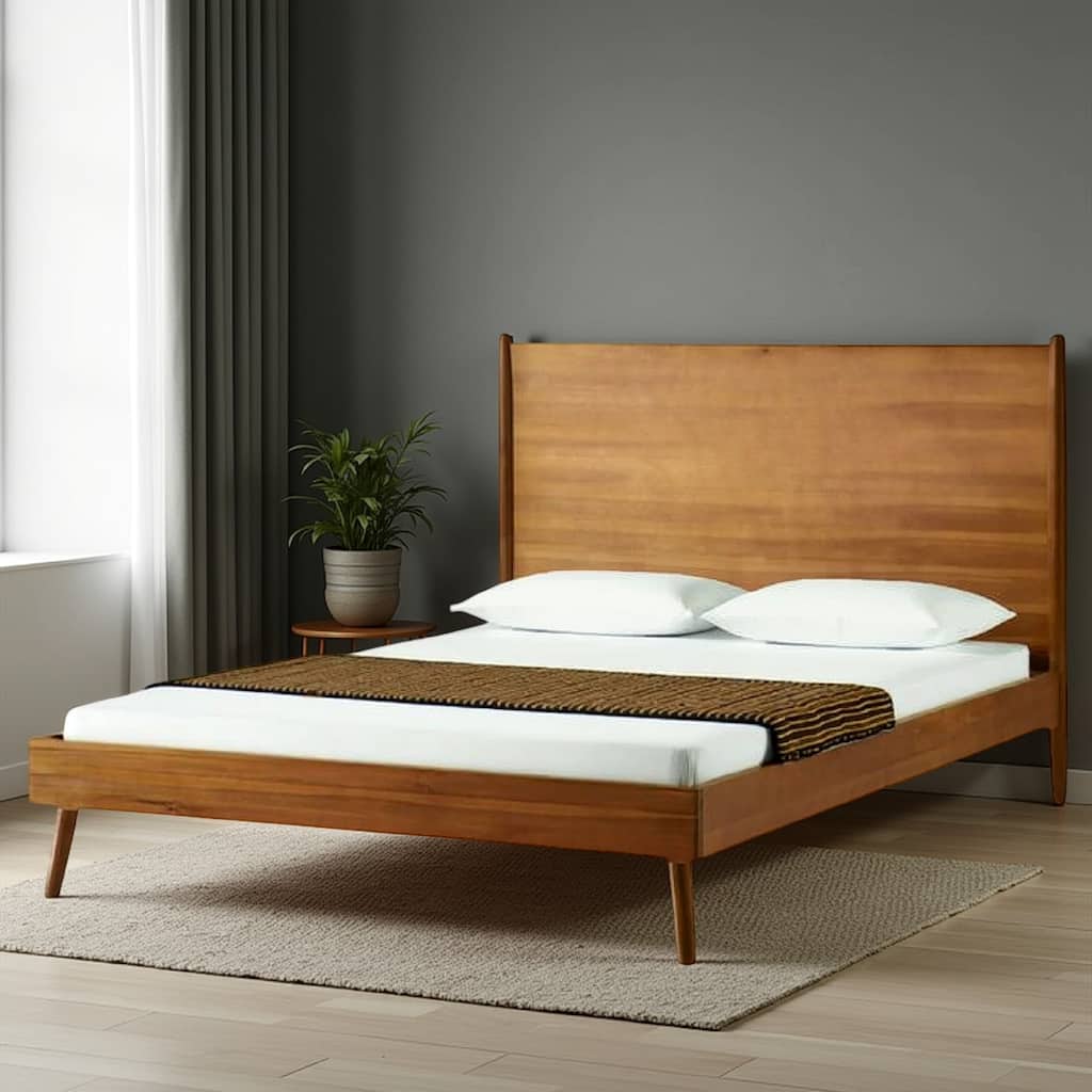 Ozzy Full Size Bed with Panel Headboard, Natural Brown Acacia Wood