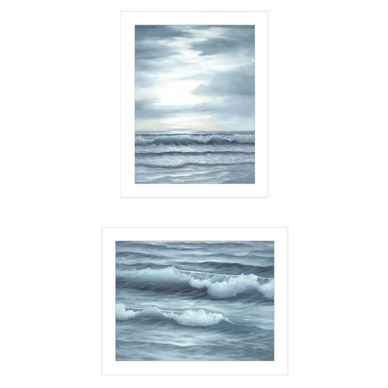 Trendy Decor 4U "The Ocean Blue - high tide at sunset" Printed Framed Wall Art by Georgia Janisse - White - 14 x 18