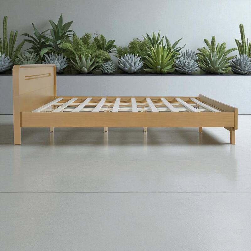 Queen/King Size Bed with Solid Pine Wood Frame, No Box Spring, Stable, Elegant Headboard