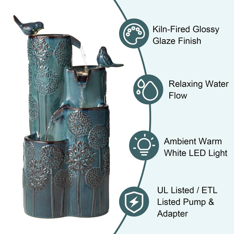 Glitzhome 27" H 4-Tier LED Ceramic Outdoor Floor Fountain with Birds, Cobalt Blue Turquoise Dandelion Texture Vase-Shaped