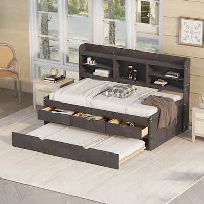 Wooden Bed with Built-in Bookshelves,Three Storage Drawers and Trundle