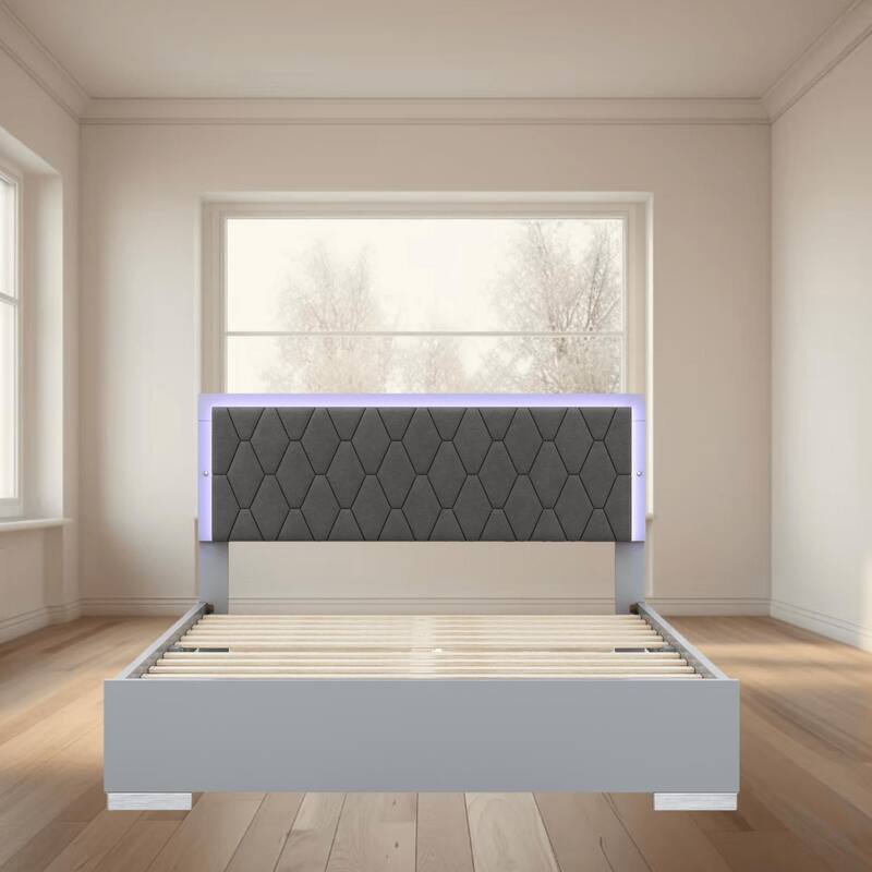 Queen Size Velvet Upholstered Platform Bed Frame with LED Lights and Velvet Headboard for a Modern Bedroom Furniture - Grey - Queen