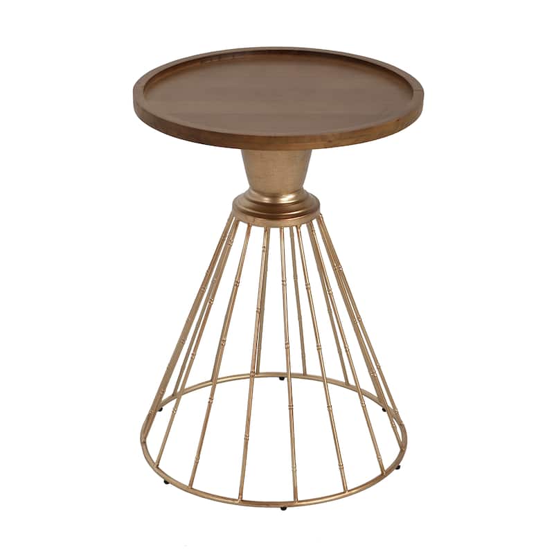 Hollow Edge Retro Art Pine Side Table,Antique Gold+Natural Color