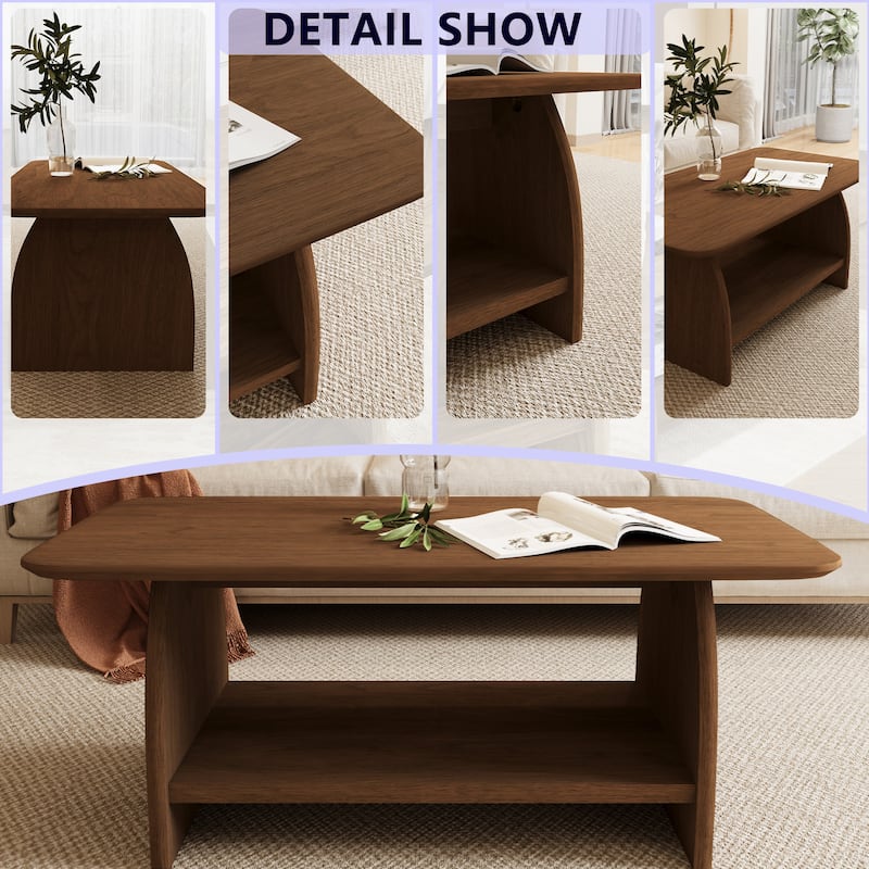 GDFStudio - Solmere Minimalist Rustic Rectangular Coffee Table with Open Storage Shelf, Anti-Slip Pads, Rounded Corner Design