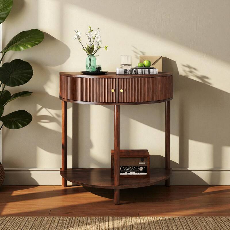 31.5" Half Moon Console Table with 3D Wave Pattern, 2 Drawers and Bottom Shelf, Artisan-Crafted Entryway Accent Table - Brown