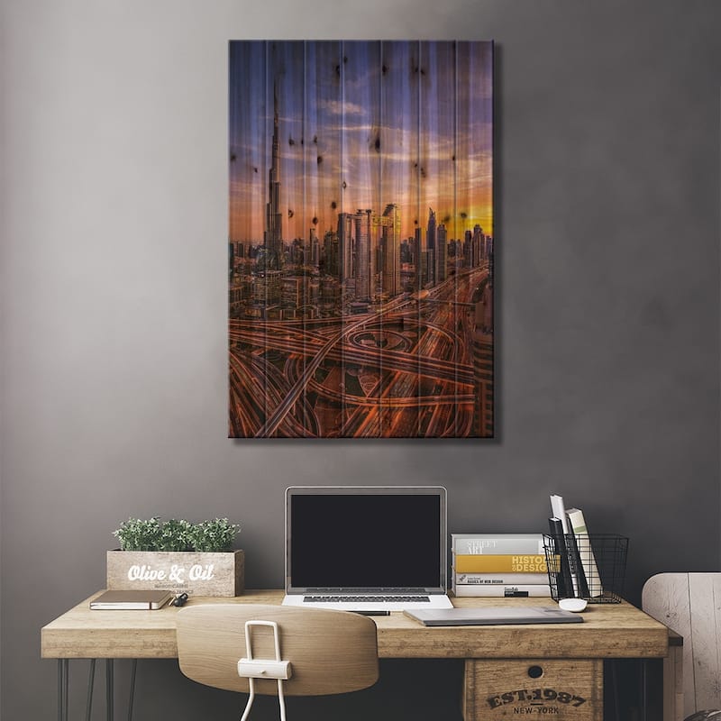 Dubai Burj Khalifa Cityscape Sunset I Print On Wood by Alex G Perez - Multi-Color
