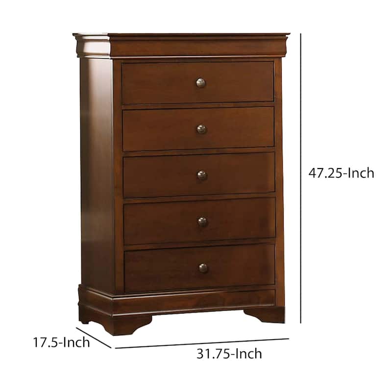 Transitional Style Wooden Chest With 5 Drawers, Cherry Brown