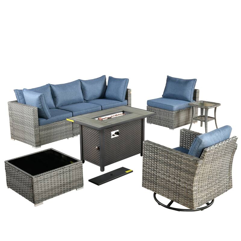 XIZZI 8-piece Patio Outdoor Wicker Furniture Swivel Chair Set with Firepit Table